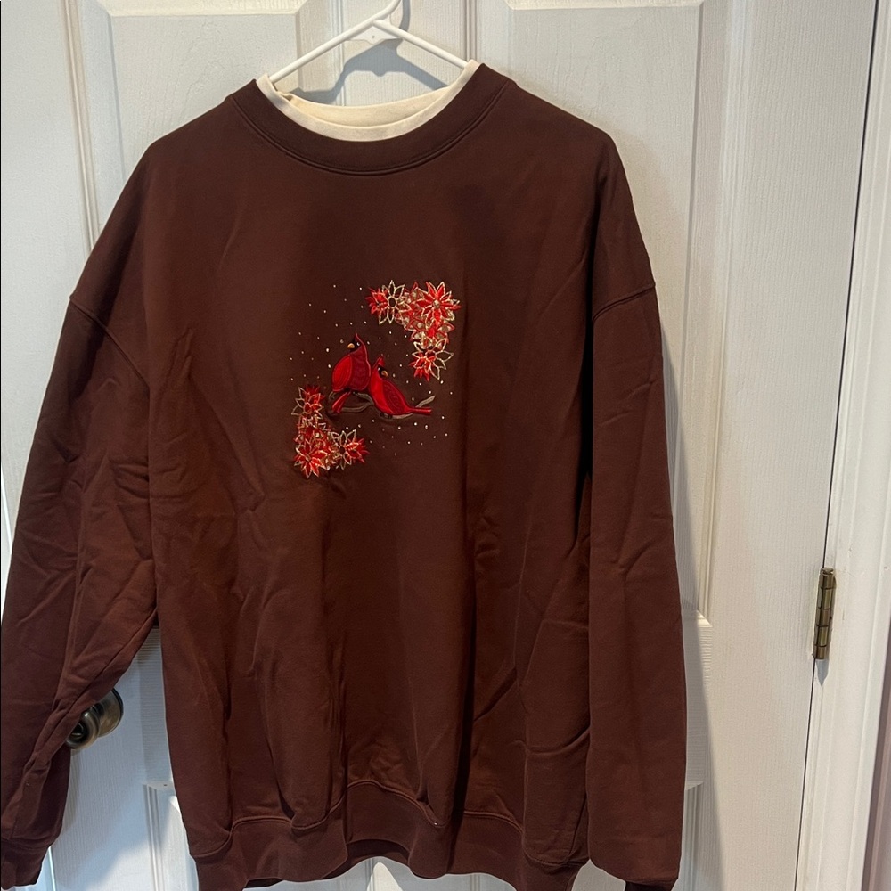 Vintage Holiday Winter Woman’s 3X Sweatshirt with Red Cardinals and Poinsettias